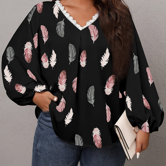 Feather Print Lace Trim Lantern Sleeve V Neck Top