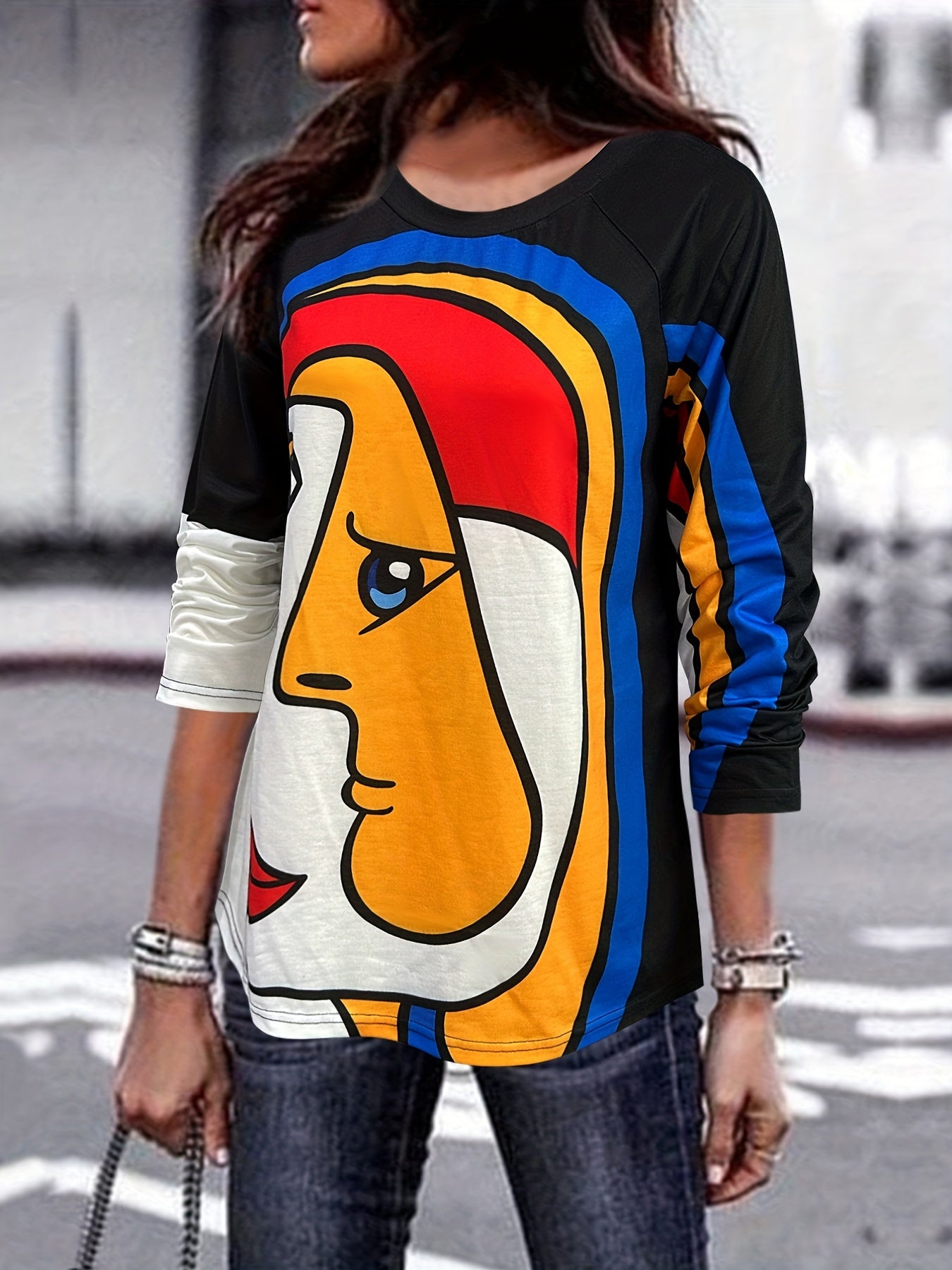 Abstract Face Print Sweatshirt Casual Crew Neck Long Sleeve