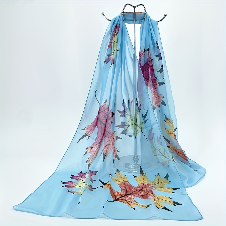 Maple Leaf Print Chiffon Scarf Silk Shawl Casual Windproof Head Wrap