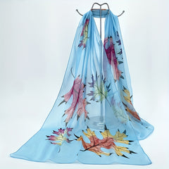 Maple Leaf Print Chiffon Scarf Silk Shawl Casual Windproof Head Wrap