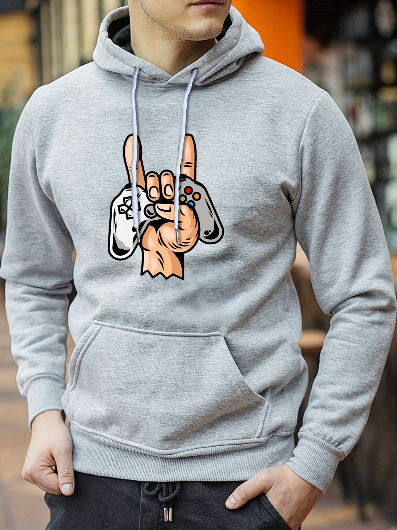 Men's Rock & Game Controller Print Hoodie Casual Stretch Hooded Sweatshirt