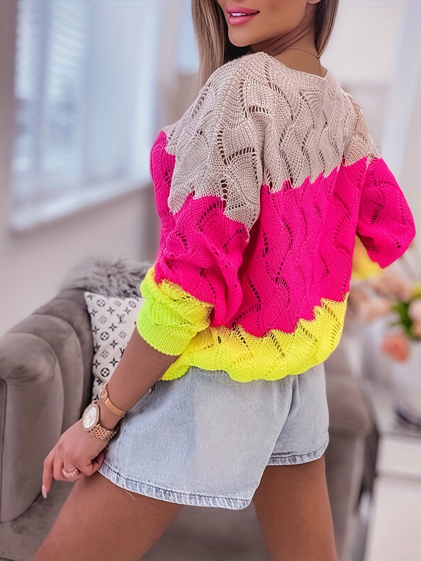 Block Crew Neck Sweater Long Sleeve for Spring & Fall