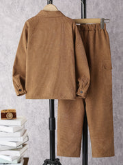 Boy's Corduroy 2pcs Shirt & Cargo Pants Set Solid Long Sleeve Top