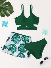 Girls Tropical Leaves Print Bikini Set with Cover Up
