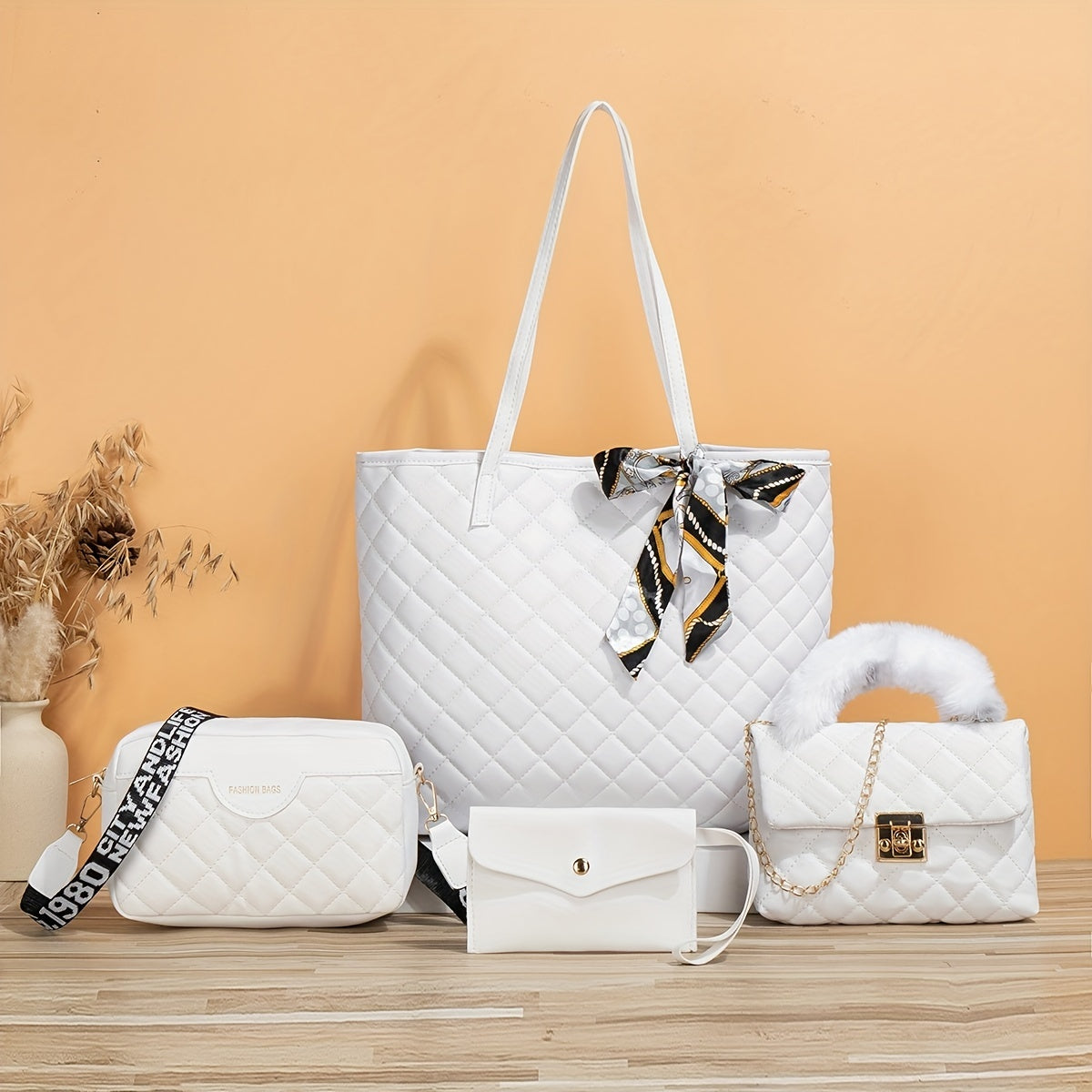 4-Piece Quilted Bag Set: Tote, Chain Bag, Purse, Crossbody w/ Scarf
