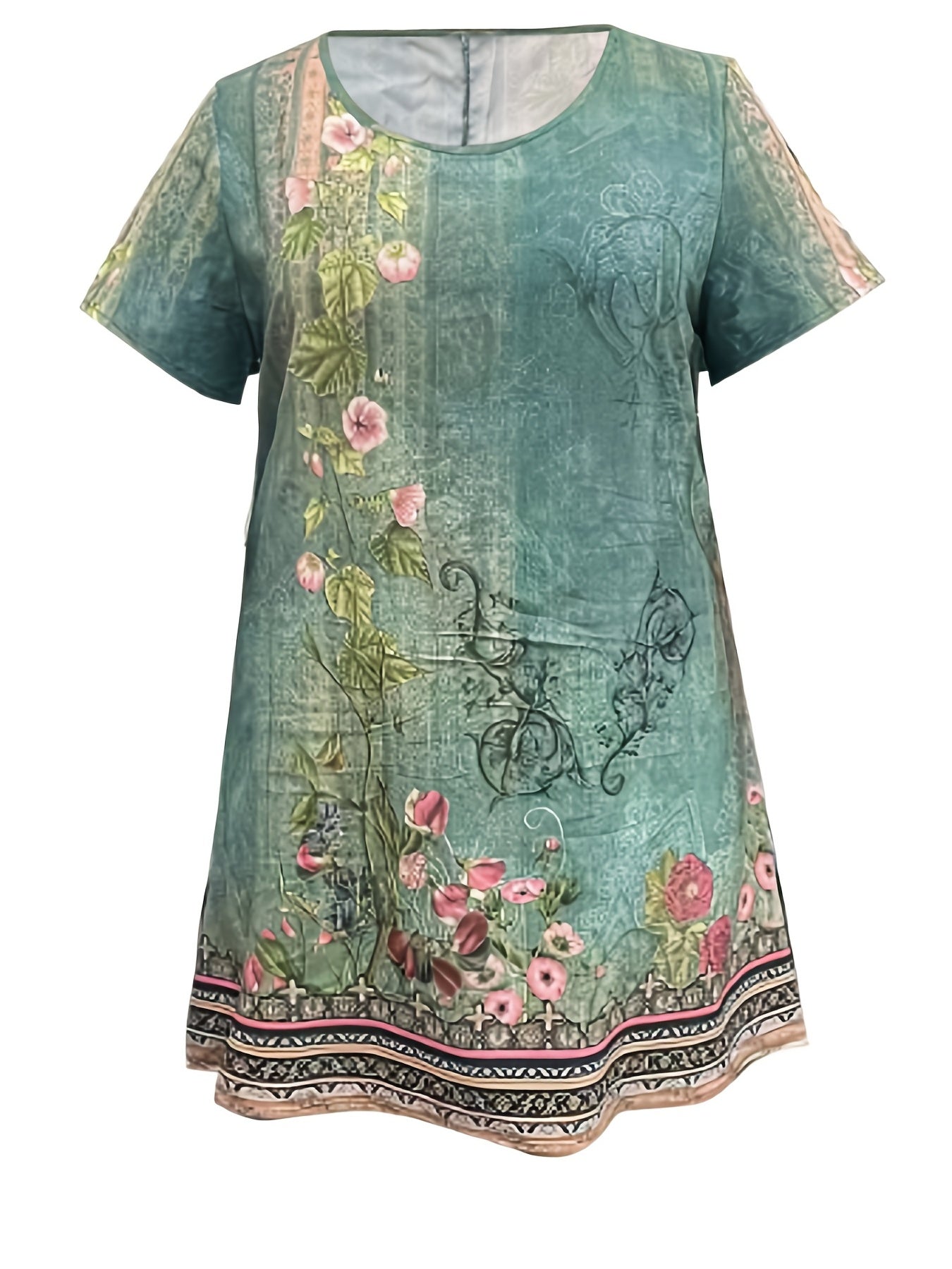 Floral Print Short Sleeve Round Neck Plus Size Dress