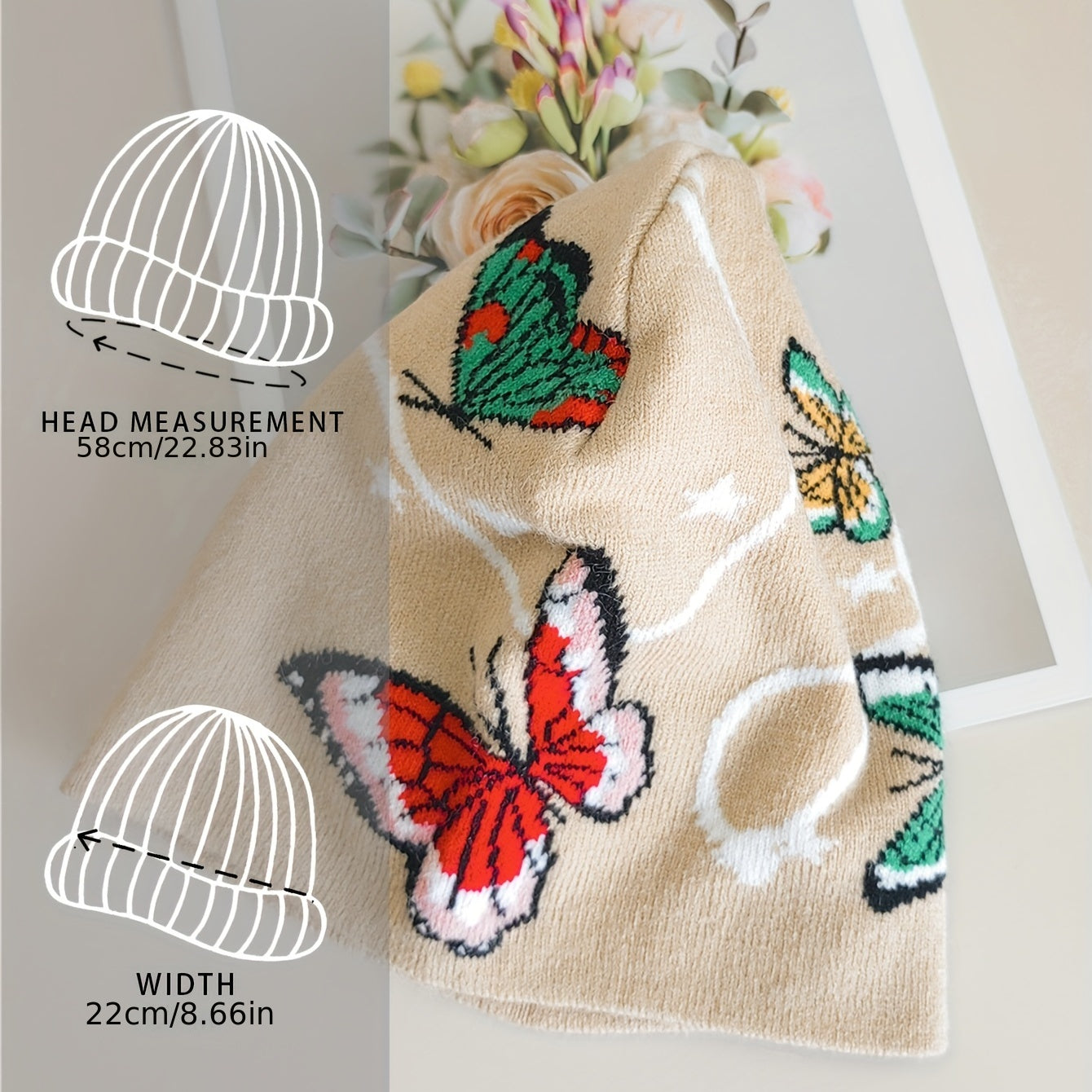 Butterfly Jacquard Beanie Khaki Soft Elastic Knit Hats For Women