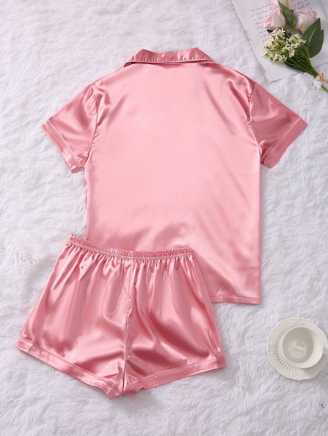 Solid Satin Lounge Set Short Sleeve Lapel Buttons Top & Elastic Waistband Shorts