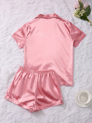 Solid Satin Lounge Set Short Sleeve Lapel Buttons Top & Elastic Waistband Shorts