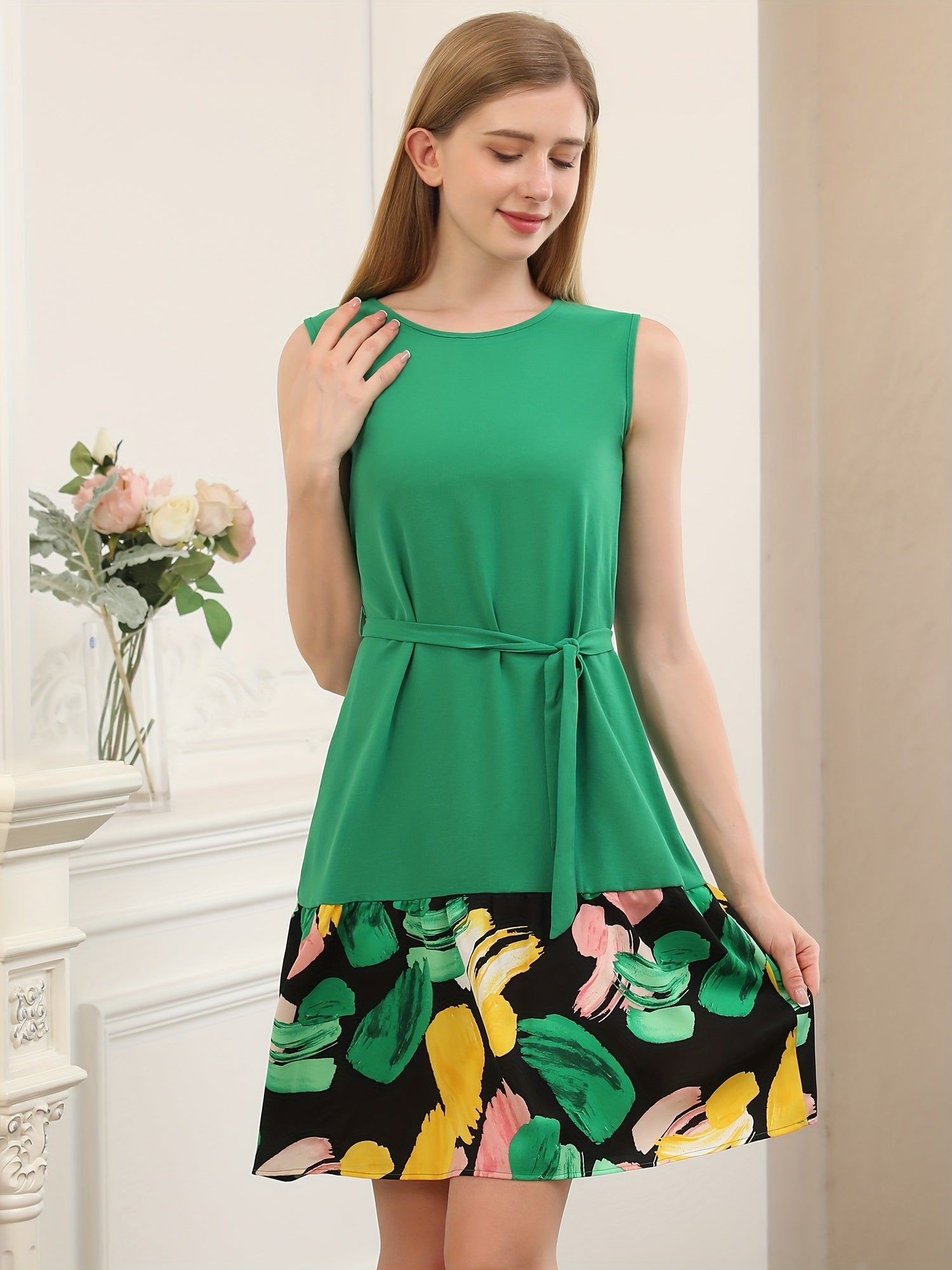 Abstract Print Splicing Dress Sleeveless Dress Women's Clothing