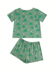 Dinosaur Print Lounge Set Short Sleeve Crew Neck Top & Elastic Waistband Shorts