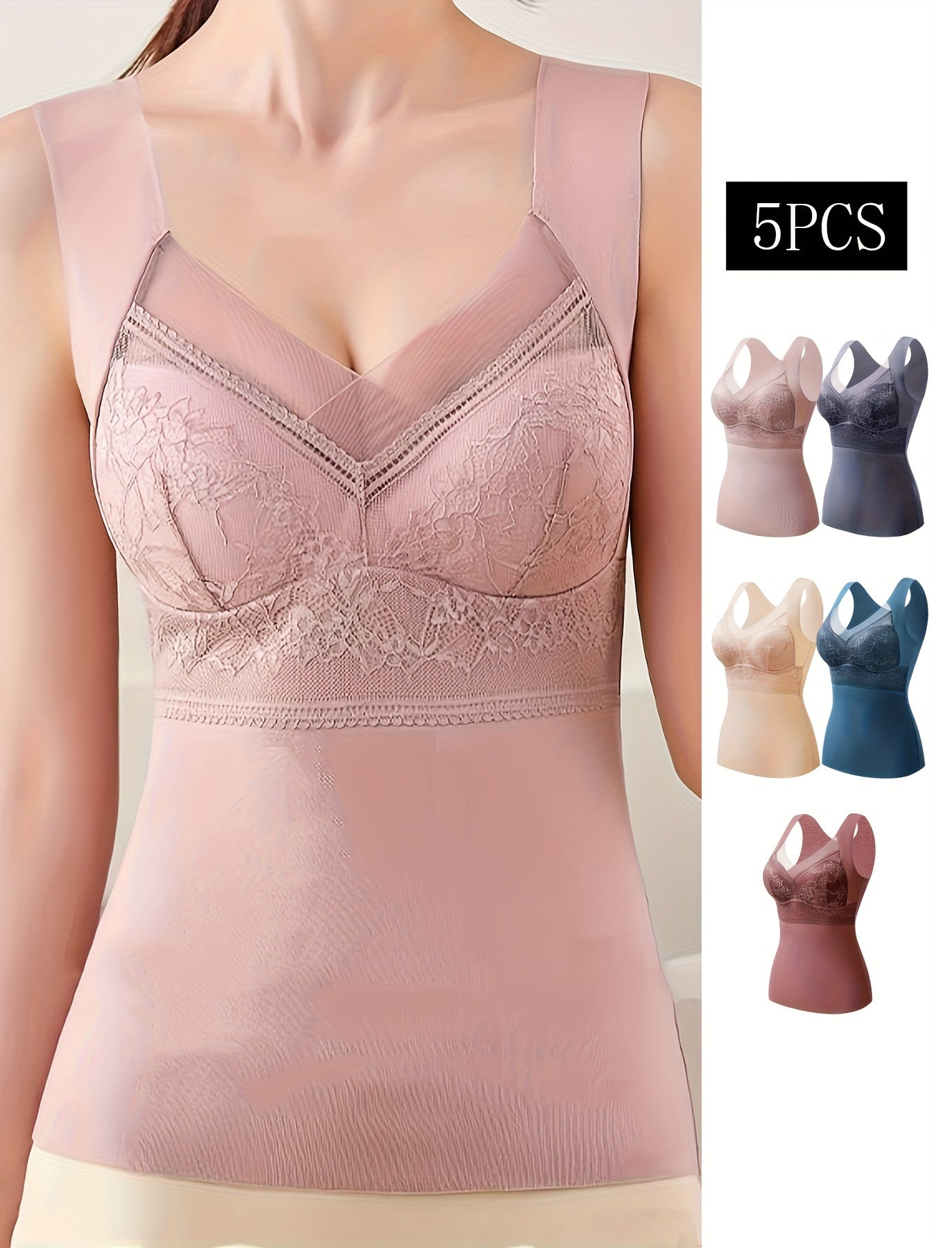 5pcs Contrast Lace Thermal Underwear V Neck Sleeveless Padded Top