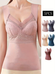 5pcs Contrast Lace Thermal Underwear V Neck Sleeveless Padded Top