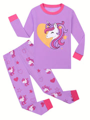 2 Pcs Girls' Unicorn Cotton Pajamas Set Crew Neck Long Sleeve T Shirt & Pants