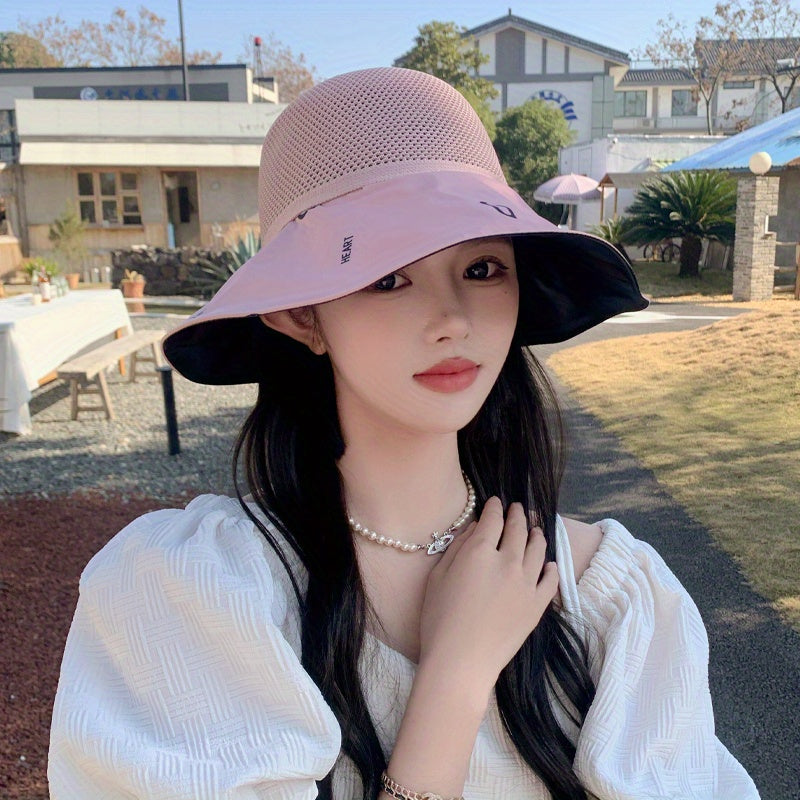 Heart Print Bowknot Sun Hat Hollow Out UV Protection Bucket Hat