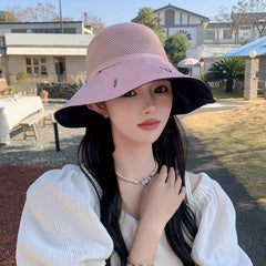 Heart Print Bowknot Sun Hat Hollow Out UV Protection Bucket Hat