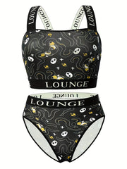 Gothic Halloween Underwear Set Octopus Skull Print Bra