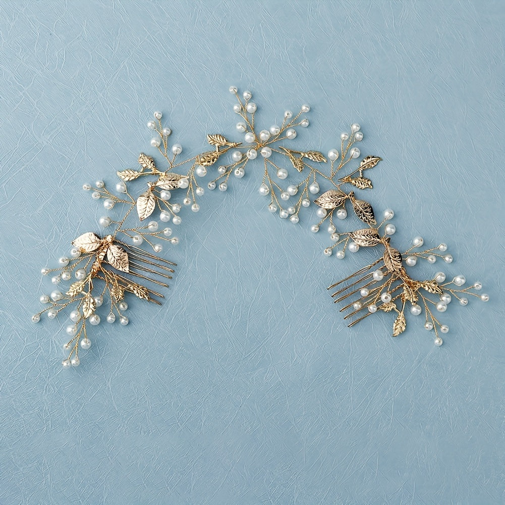 Leaf & Faux Pearl Hair Comb Bridal Wedding Headwear