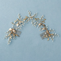 Leaf & Faux Pearl Hair Comb Bridal Wedding Headwear