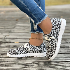 Leopard Pattern Skate Shoes for Women Flat Lightweight Lace-up Canvas