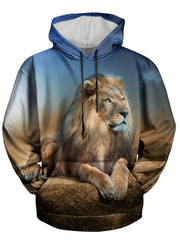 3D Print Lion Hoodie Men Graphic Pullover Kangaroo Pocket Loose Hooded