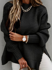 Chunky Knit Mock Neck Sweater Split Pullover for Fall & Winter Women's Clothing