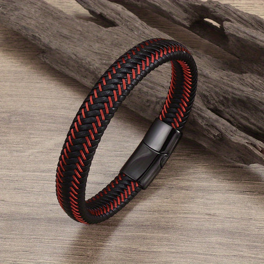 Men's Red Leather Braided Bracelet Magnetic Buckle