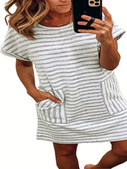 Stripe Print Roll Up Sleeve Round Neck Casual Dress