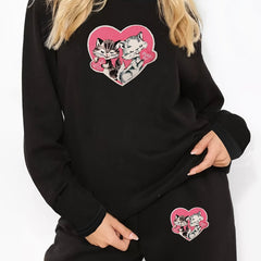 Cat & Heart Print Lounge Set Women's Plus Long Sleeve Pajamas 2 Piece
