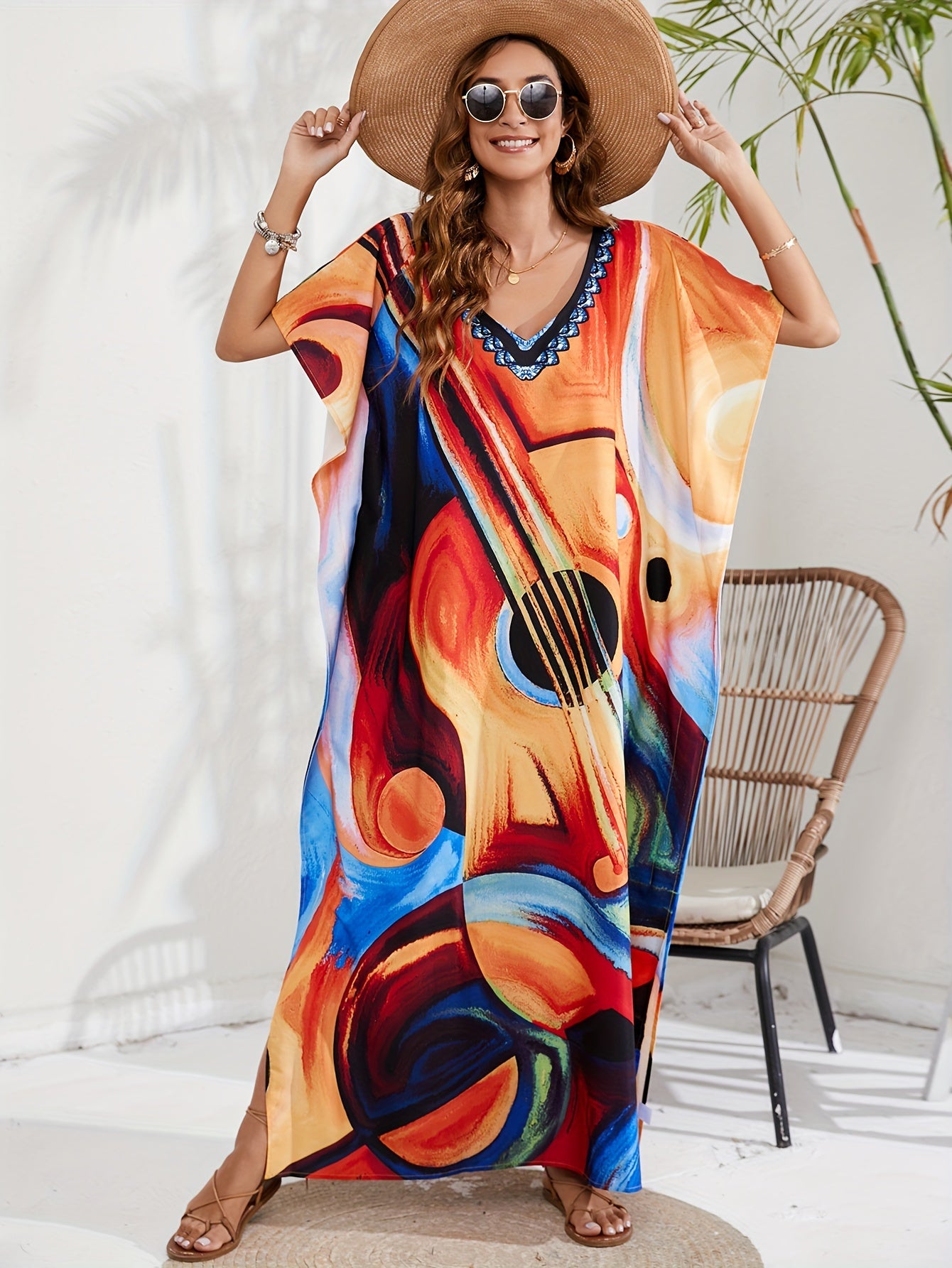 Abstract Print Batwing Sleeve V Neck Kaftan Beach Cover Up Dress
