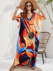 Abstract Print Batwing Sleeve V Neck Kaftan Beach Cover Up Dress