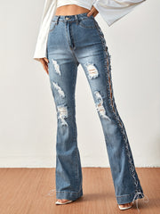 Ripped Holes Flared Jeans Lace Up Distressed Bell Bottom Casual Denim Pants