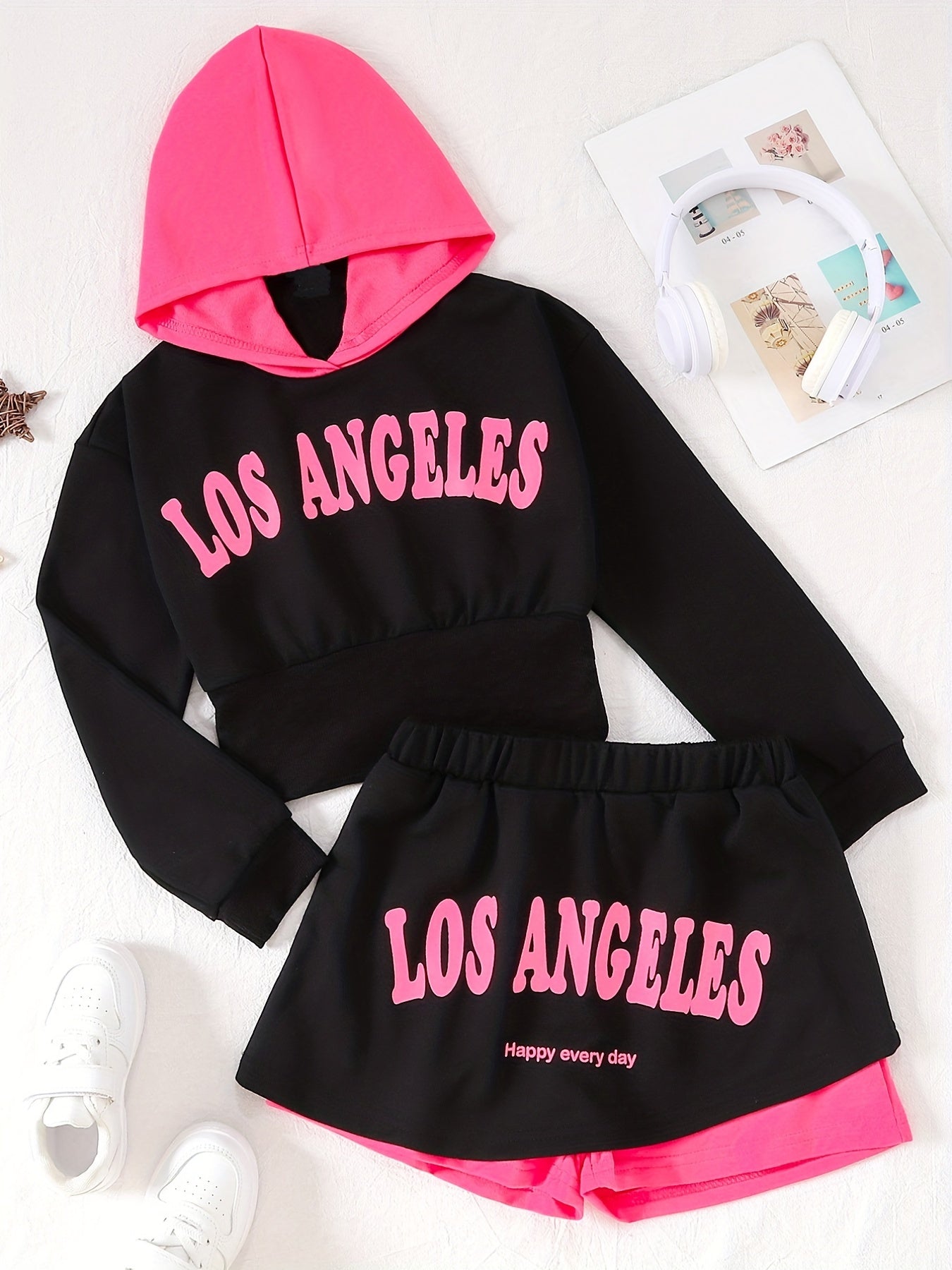 Girl's Hoodie & Sporty Style Skirt Set with Print - Kid's Clothes