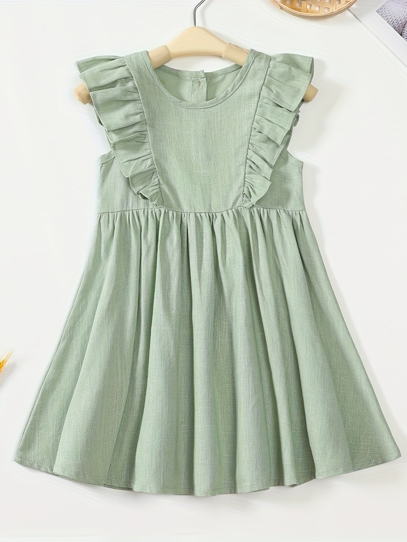 Toddler Girls Sleeveless Pleated Dress Baby Girls Ruffle Trim Casual Dress