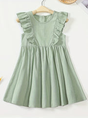 Toddler Girls Sleeveless Pleated Dress Baby Girls Ruffle Trim Casual Dress