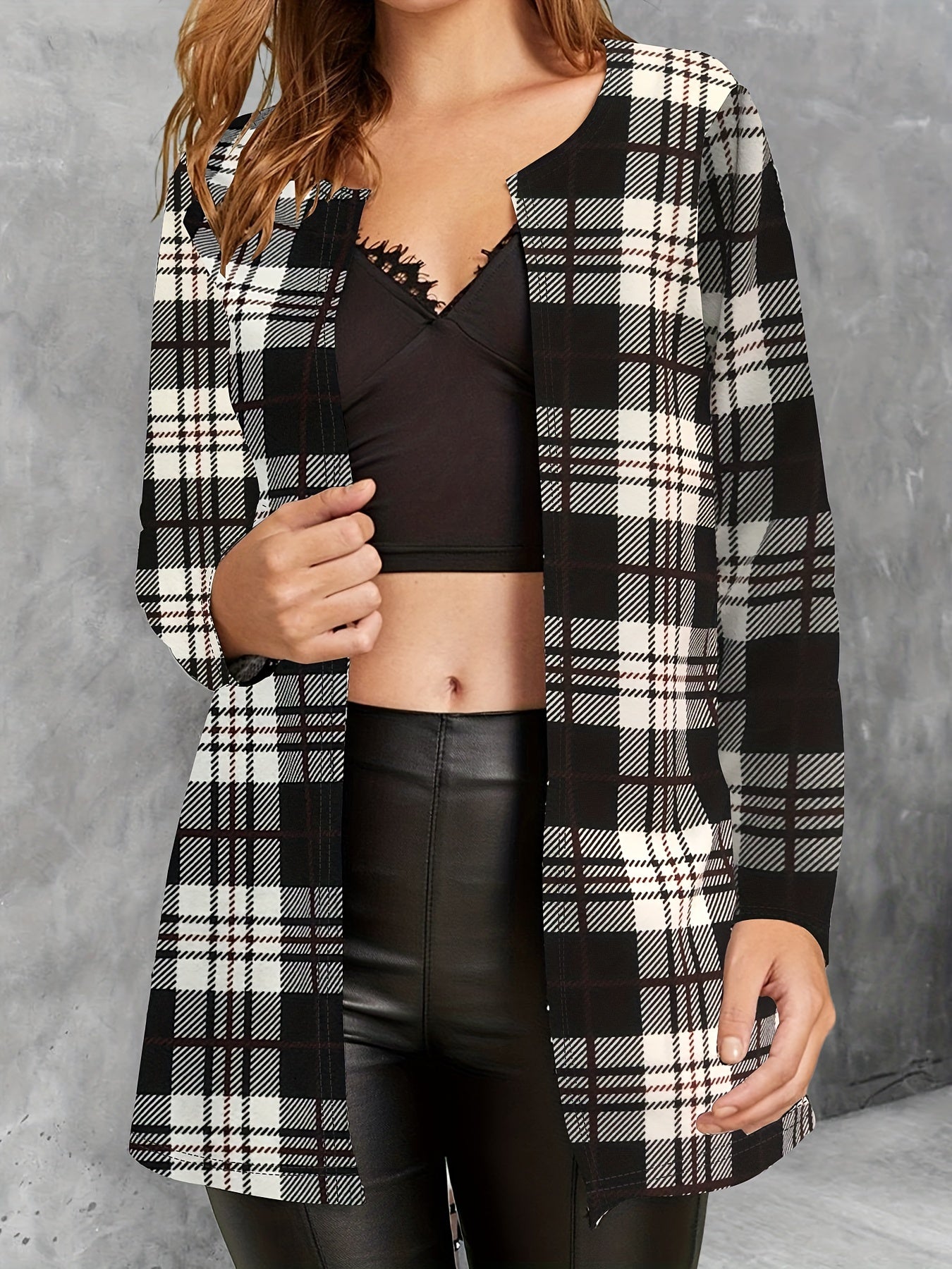 Plaid Print Crew Neck Jacket for Women