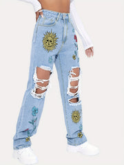 Women's Plus Floral & Sun Print Button Fly Ripped Straight Leg Jeans