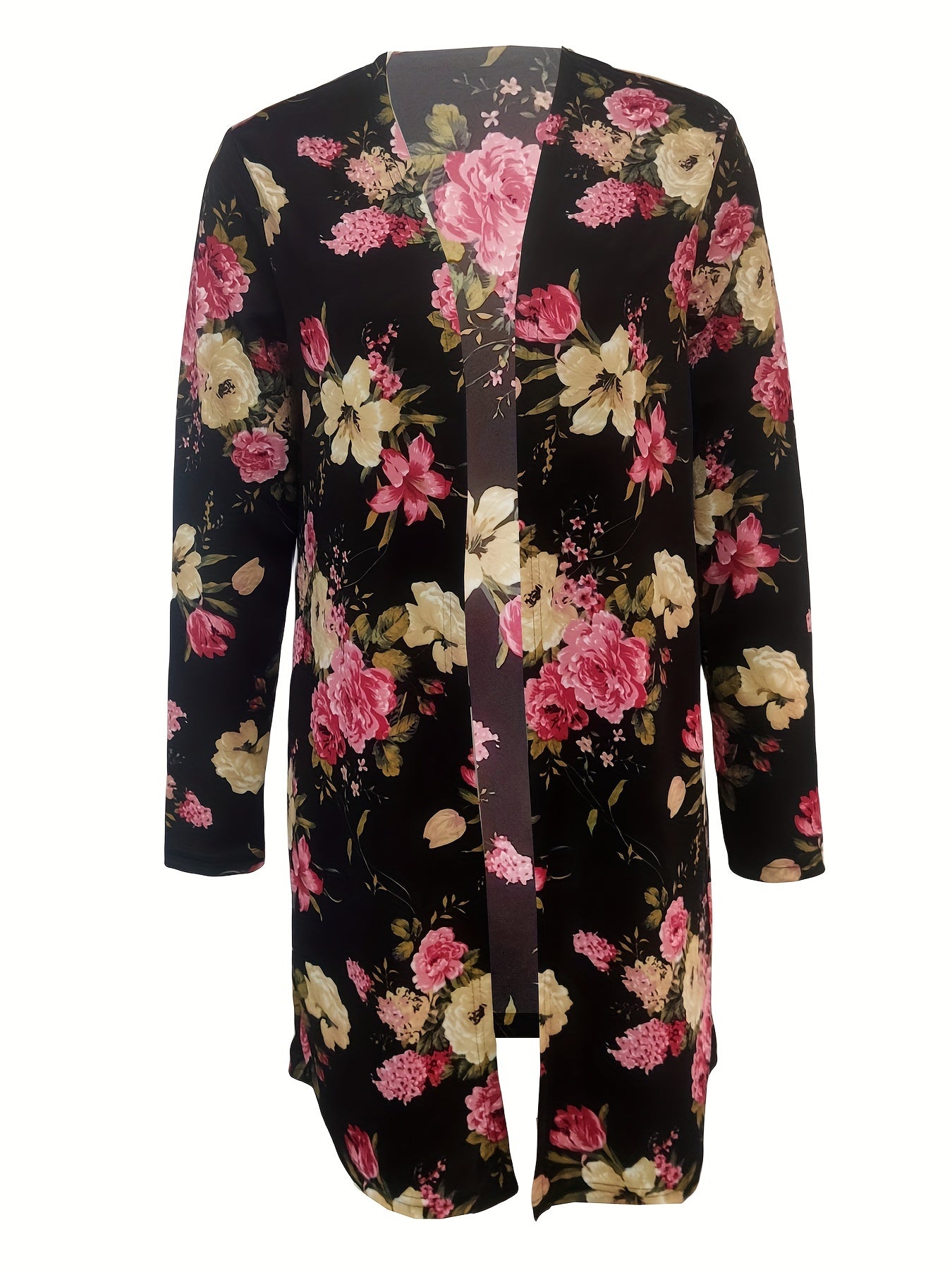 Floral Print Open Front Cardigan Long Sleeve Outerwear