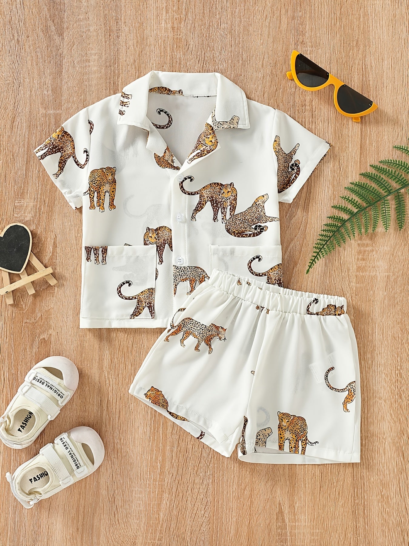 Boys Tiger Print Pocket Shirt & Shorts Set Toddler Summer Clothes