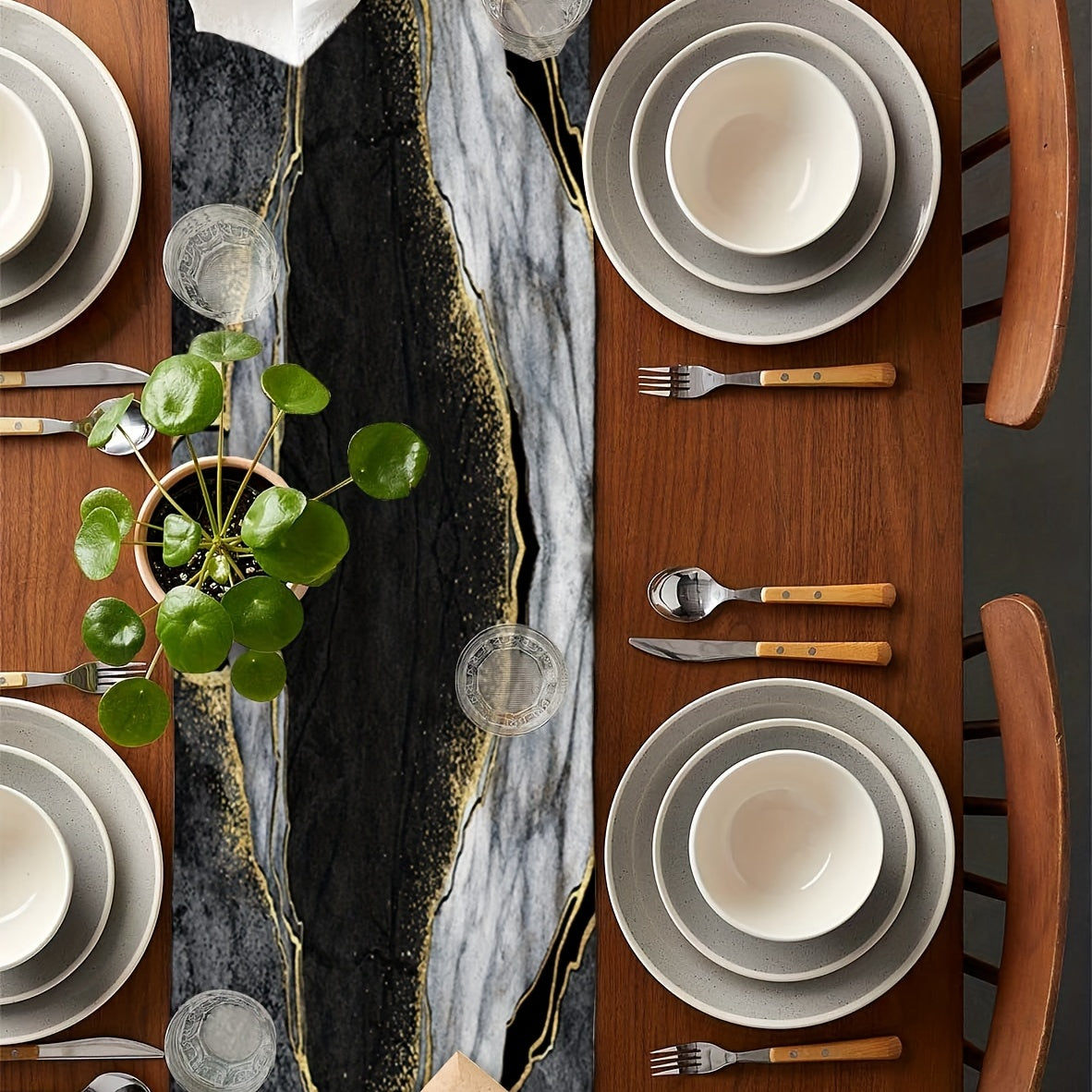 Long Golden Marble Texture Malachite Abstract Linen Table Runner 13x72