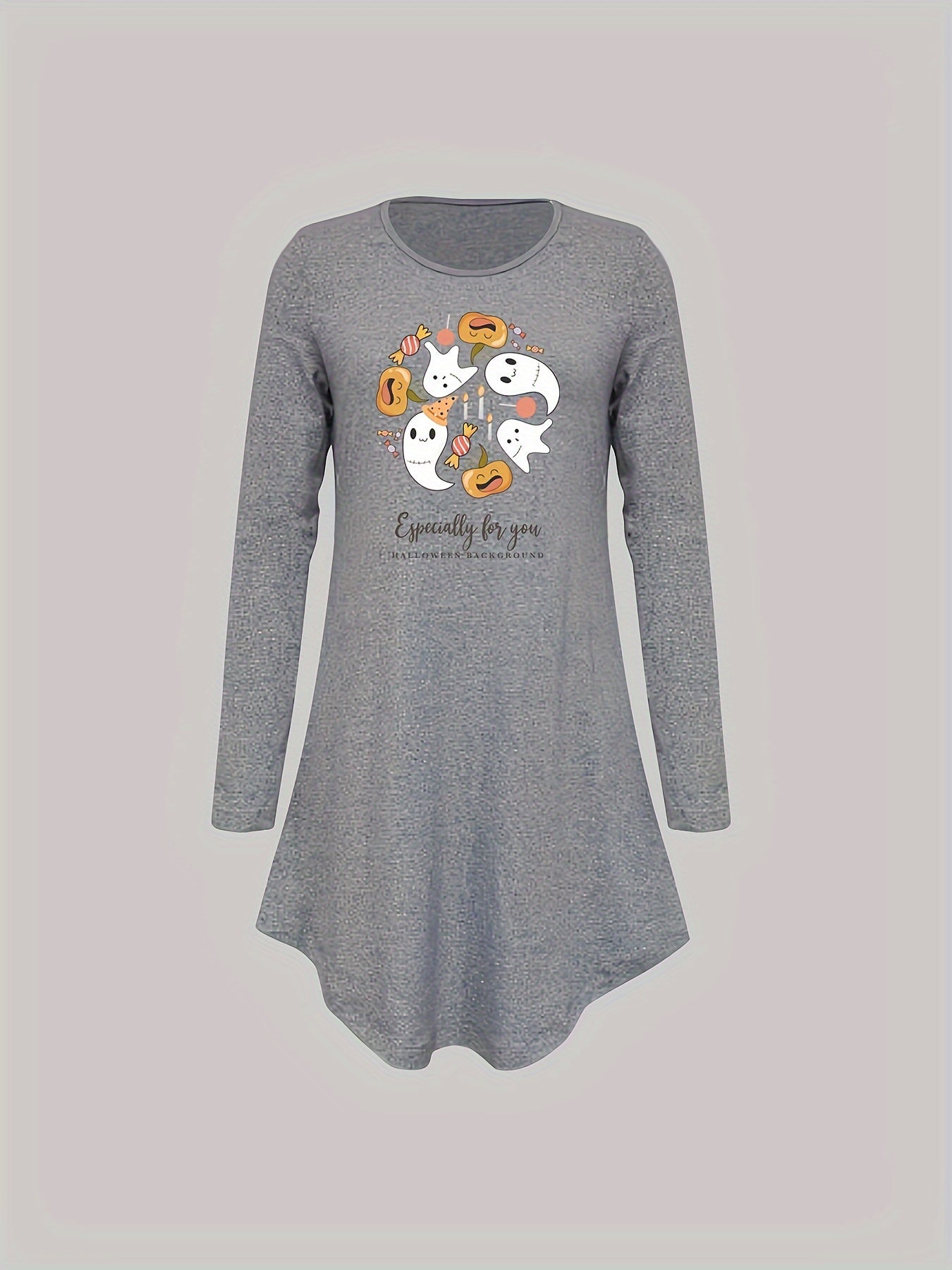 Ghost Print Night Dress Crew Neck Long Sleeve Pajama Dress Women's Sleepwear