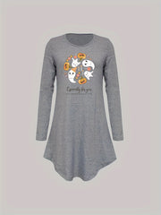 Ghost Print Night Dress Crew Neck Long Sleeve Pajama Dress Women's Sleepwear