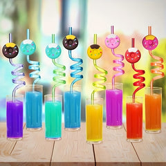 4pcs Donut Straws Reusable Plastic Straws for Kids' Donut Party Decorations