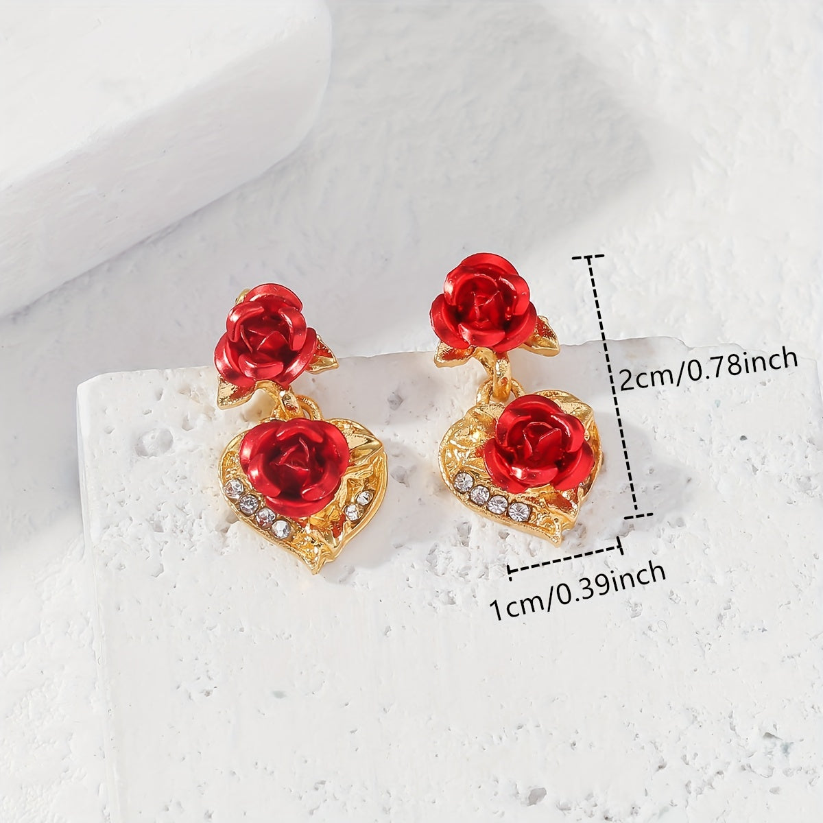 Heart Rose Flower Stud Earrings Rhinestone Decor