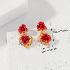 Heart Rose Flower Stud Earrings Rhinestone Decor