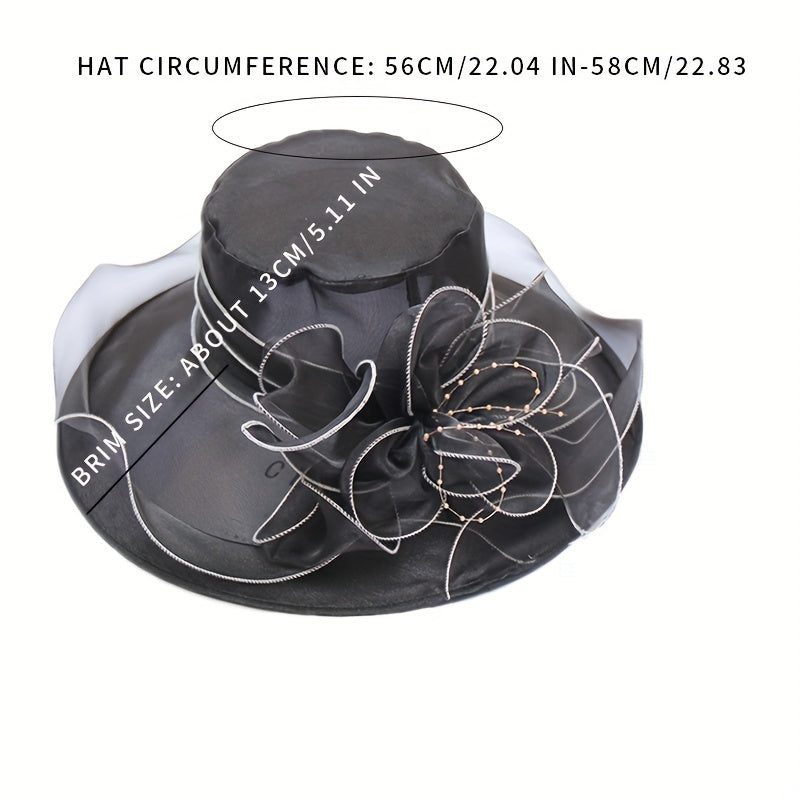 Wide Brim Church Derby Hat Mesh Flower Decor Organza Sun Hat