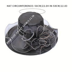 Wide Brim Church Derby Hat Mesh Flower Decor Organza Sun Hat