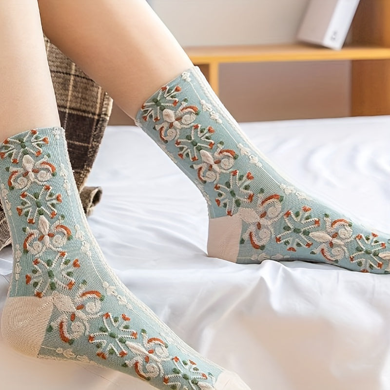 5 Pairs Floral Print Socks Ethnic Style Crew Socks Women's Stockings