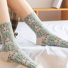 5 Pairs Floral Print Socks Ethnic Style Crew Socks Women's Stockings