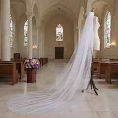 Sheer Lace Wedding Head Veil with Trim Long Train Bridal Veil for Women